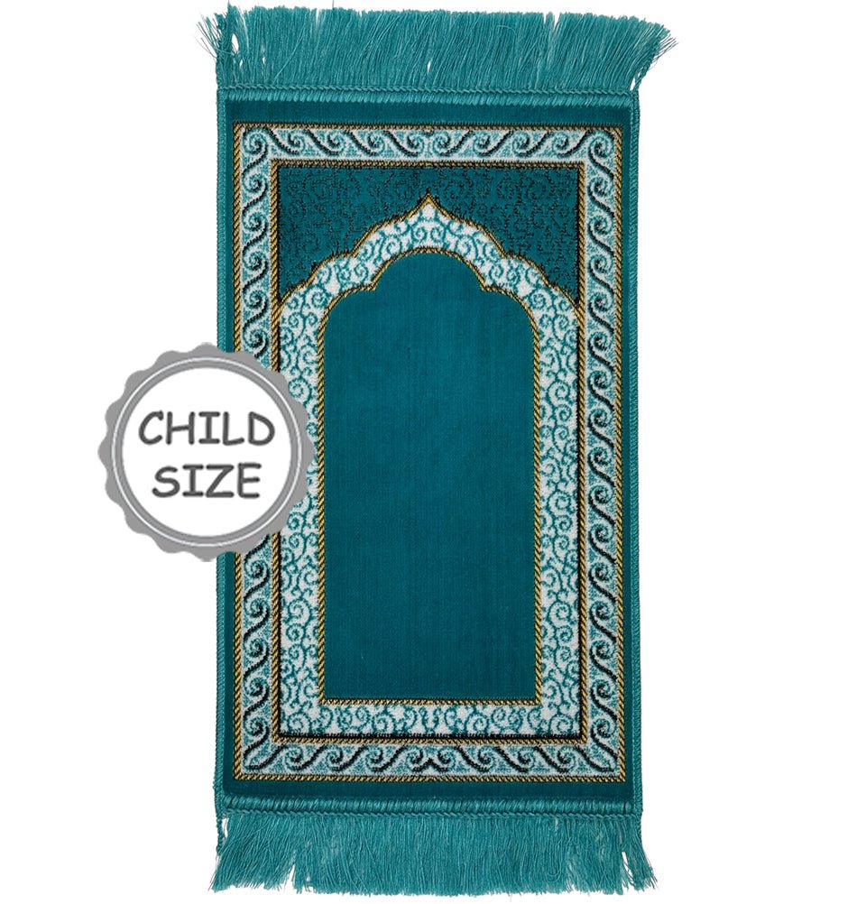 Child Velvet Islamic Prayer Rug - Vine Swirl Turquoise