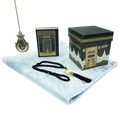 Modefa Prayer Rug White/Blue Islamic Ottoman Chenille Prayer Mat Gift Box Set - With Quran, Prayer Beads, & Car Hanger - White/Blue