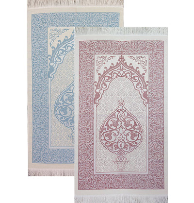 Modefa Prayer Rug White/Blue + White/Pink Chenille Ottoman Islamic Prayer Mat COMBO Set of 2 (White/Blue + White/Pink)