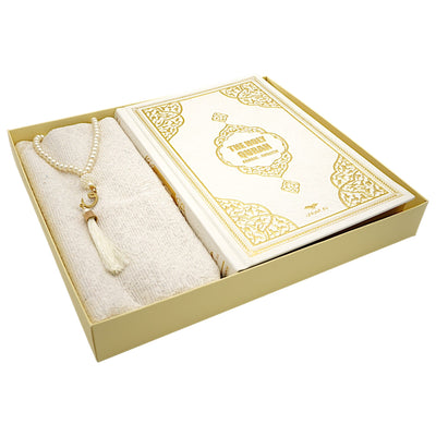 Modefa Prayer Rug White Gold Prayer Rug Gift Box Set - With Quran & Prayer Beads - White Gold