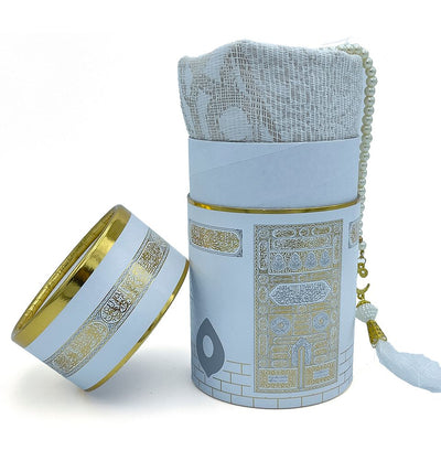 Modefa Prayer Rug White Kaba Cylinder Gift Box Set with Prayer Mat & Prayer Beads - White