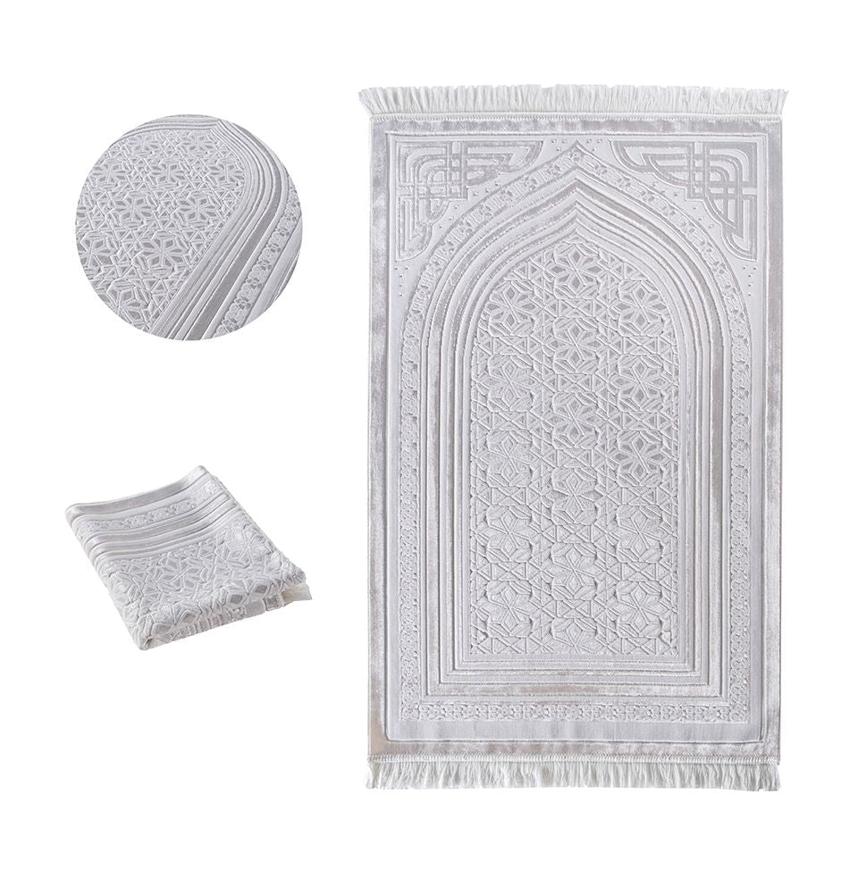 Modefa Prayer Rug White Luxury Velvet Islamic Prayer Rug 5 Piece Ramadan Gift Set - White