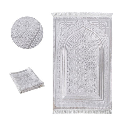 Modefa Prayer Rug White Luxury Velvet Islamic Prayer Rug 5 Piece Ramadan Gift Set - White