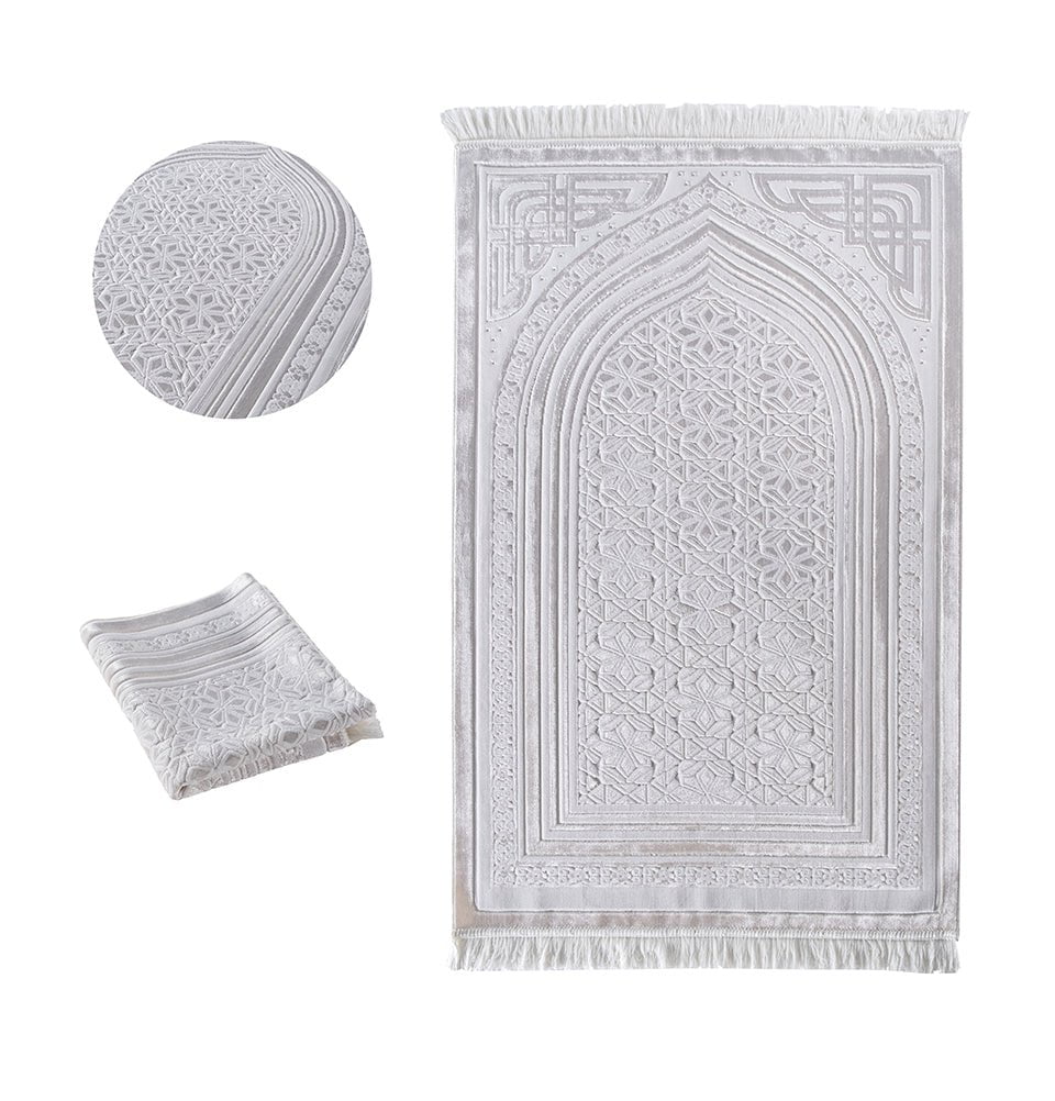 Modefa Prayer Rug White Luxury Velvet Islamic Prayer Rug Najma White