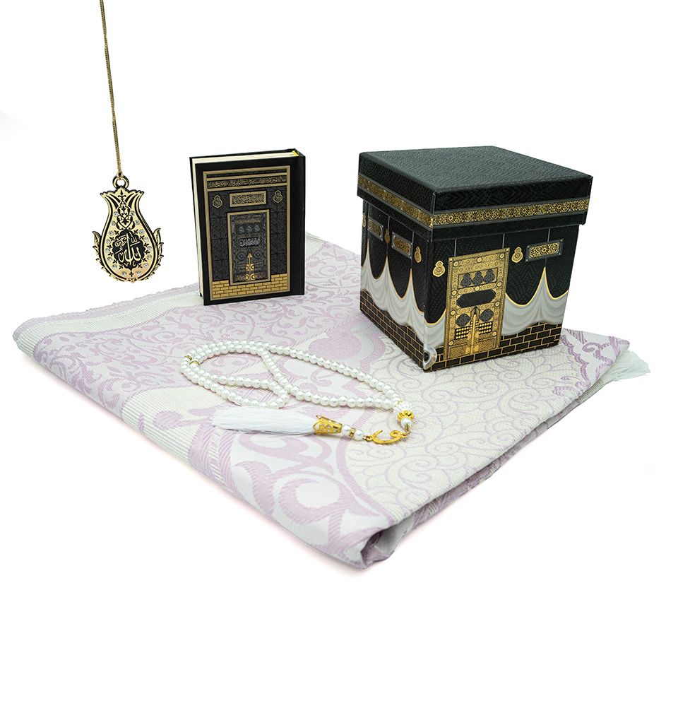 Modefa Prayer Rug White/Pink Islamic Ottoman Chenille Prayer Mat Gift Box Set - With Quran, Prayer Beads, & Car Hanger - White/Pink