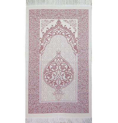 Modefa Prayer Rug White/Pink Islamic Ottoman Chenille Prayer Mat Gift Box Set - With Quran, Prayer Beads, & Car Hanger - White/Pink
