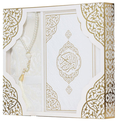 Modefa Prayer Rug White Prayer Rug Gift Box Set - With Quran & Prayer Beads White
