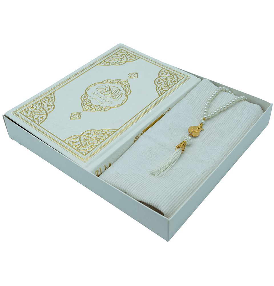 Modefa Prayer Rug White Prayer Rug Gift Box Set - With Quran & Prayer Beads White