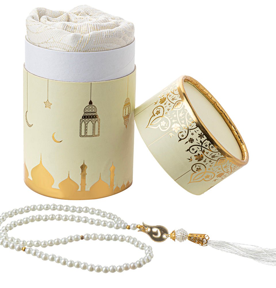Modefa Prayer Rug White Ramadan Lantern Cylinder Gift Box Set with Prayer Mat & Prayer Beads - Ivory
