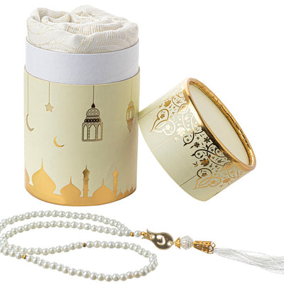Modefa Prayer Rug White Ramadan Lantern Cylinder Gift Box Set with Prayer Mat & Prayer Beads - Ivory