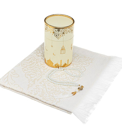 Modefa Prayer Rug White Ramadan Lantern Cylinder Gift Box Set with Prayer Mat & Prayer Beads - Ivory