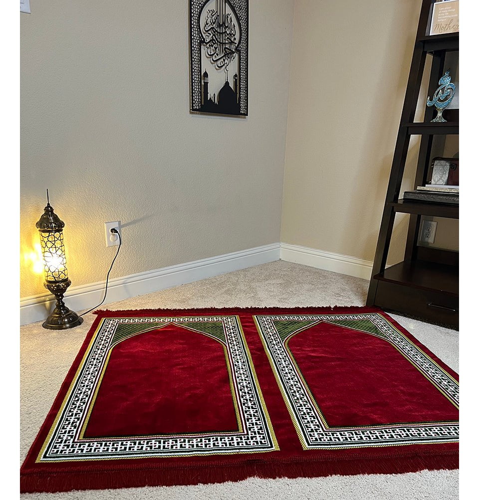 Wide 2 Person Islamic Prayer Rug - Solid Red