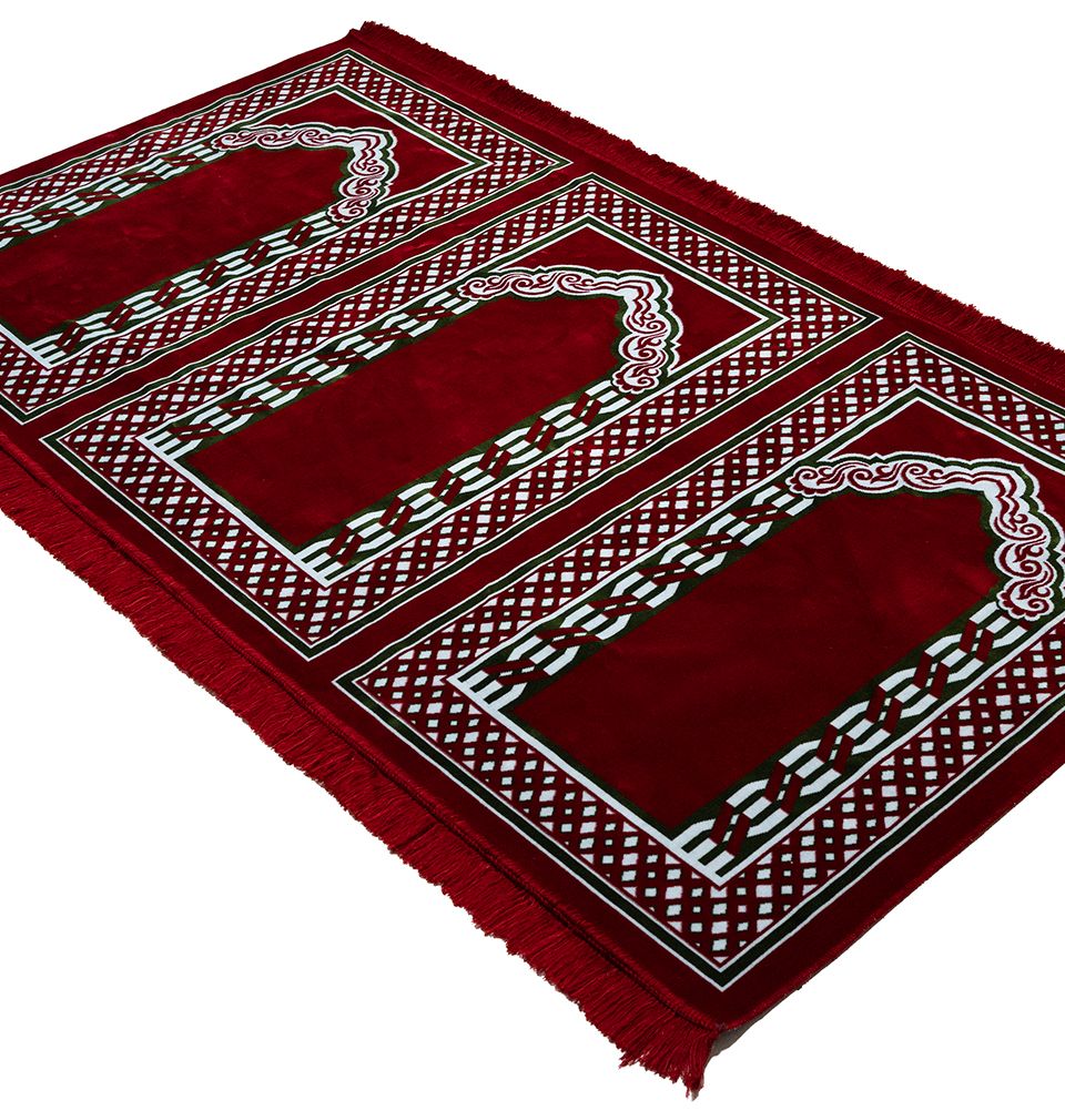 Wide 3 Person Islamic Prayer Rug - Vined Red