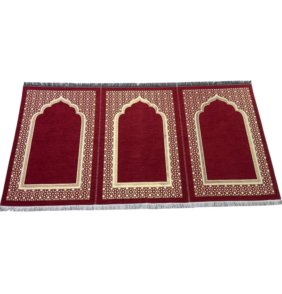 Modefa Prayer Rug Wide 3 Person Masjid Islamic Prayer Rug - Chenille Embroidered Selcuk Star - Red