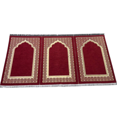 Modefa Prayer Rug Wide 3 Person Masjid Islamic Prayer Rug - Chenille Embroidered Selcuk Star - Red
