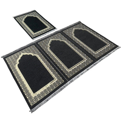 Modefa Prayer Rug Wide 3 Person with Imam Spot Masjid Islamic Prayer Rug - Chenille Embroidered Selcuk Star - Black