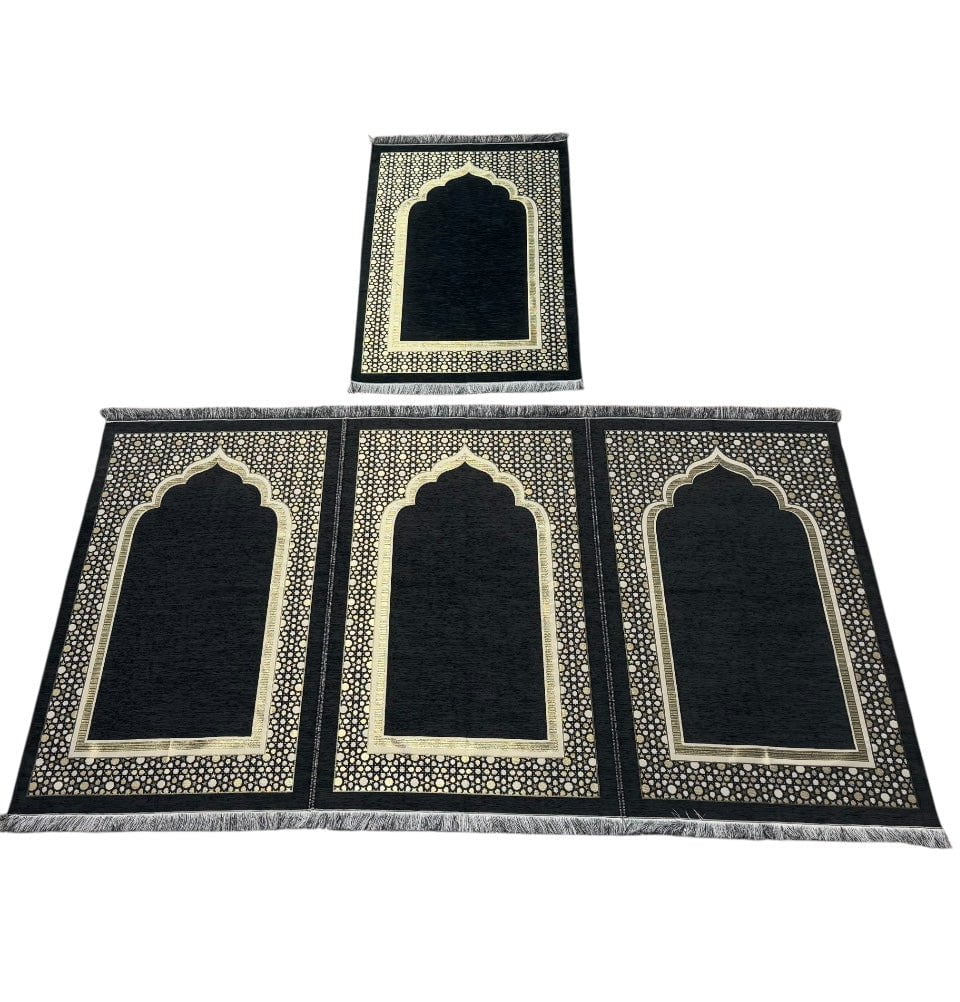 Modefa Prayer Rug Wide 3 Person with Imam Spot Masjid Islamic Prayer Rug - Chenille Embroidered Selcuk Star - Black