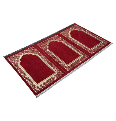 Modefa Prayer Rug Wide 3 Person with Imam Spot Masjid Islamic Prayer Rug - Chenille Embroidered Selcuk Star - Red