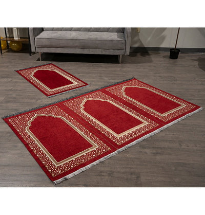 Modefa Prayer Rug Wide 3 Person with Imam Spot Masjid Islamic Prayer Rug - Chenille Embroidered Selcuk Star - Red