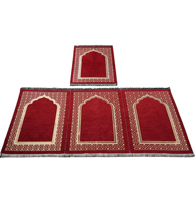 Modefa Prayer Rug Wide 3 Person with Imam Spot Masjid Islamic Prayer Rug - Chenille Embroidered Selcuk Star - Red