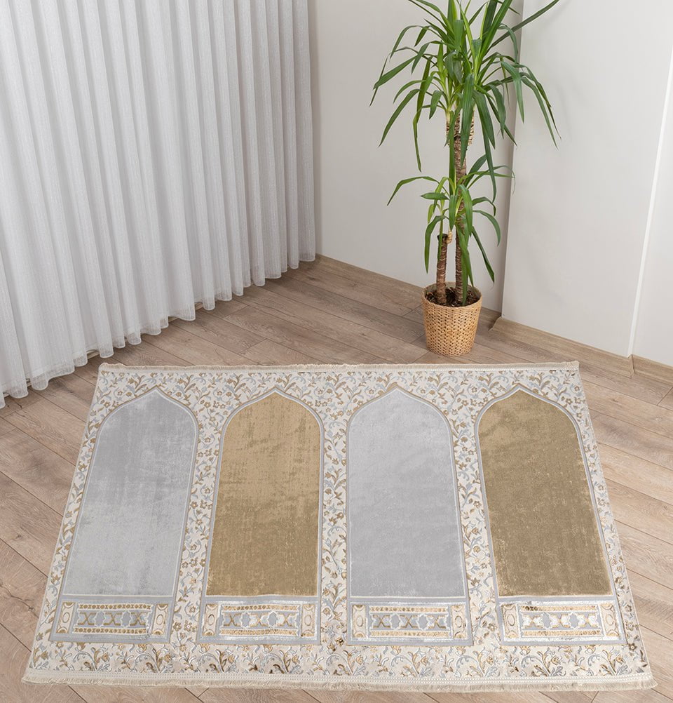 Wide 4 Person Masjid Islamic Prayer Rug - Serenity Garden Golden Beige