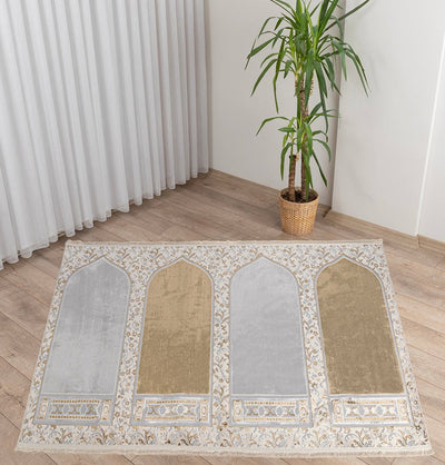 Modefa Prayer Rug Wide 4 Person Masjid Islamic Prayer Rug - Serenity Garden Golden Beige/Stone Grey