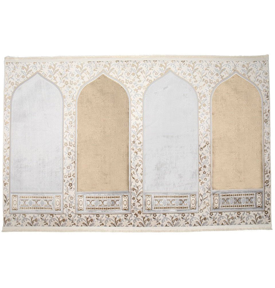 Wide 4 Person Masjid Islamic Prayer Rug - Serenity Garden Golden Beige