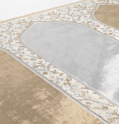 Modefa Prayer Rug Wide 4 Person Velvet Islamic Prayer Rug With Imam Spot - Serenity Garden Golden Beige/Stone Grey