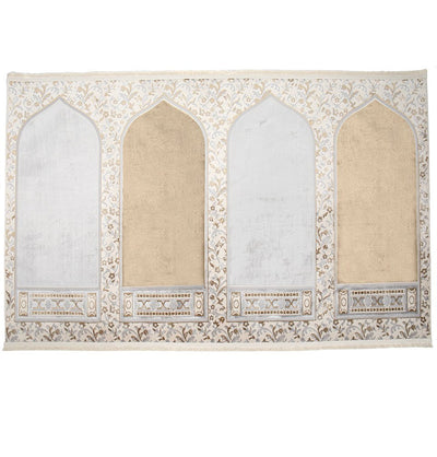 Modefa Prayer Rug Wide 4 Person Velvet Islamic Prayer Rug With Imam Spot - Serenity Garden Golden Beige/Stone Grey