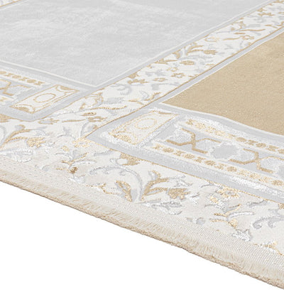 Modefa Prayer Rug Wide 4 Person Velvet Islamic Prayer Rug With Imam Spot - Serenity Garden Golden Beige/Stone Grey