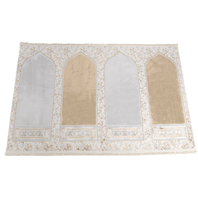 Modefa Prayer Rug Wide 4 Person Velvet Islamic Prayer Rug With Imam Spot - Serenity Garden Golden Beige/Stone Grey