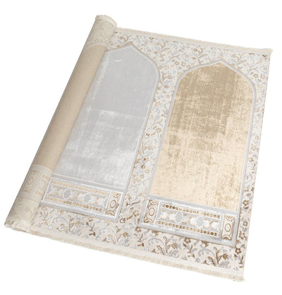 Modefa Prayer Rug Wide 4 Person Velvet Islamic Prayer Rug With Imam Spot - Serenity Garden Golden Beige/Stone Grey