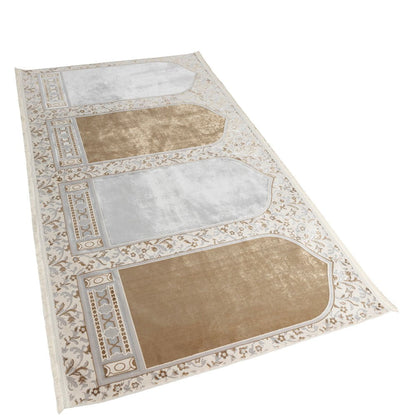 Modefa Prayer Rug Wide 4 Person Velvet Islamic Prayer Rug With Imam Spot - Serenity Garden Golden Beige/Stone Grey