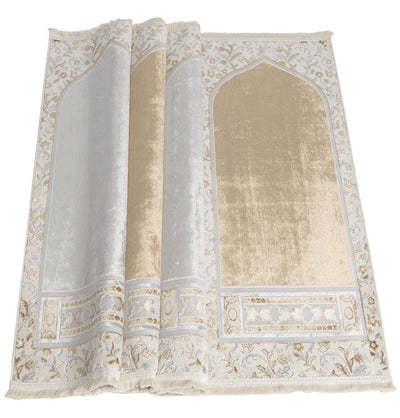 Modefa Prayer Rug Wide 4 Person Velvet Islamic Prayer Rug With Imam Spot - Serenity Garden Golden Beige/Stone Grey