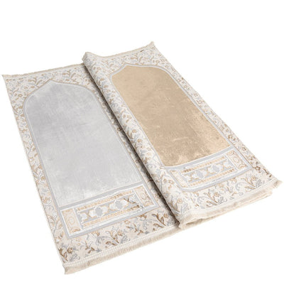Modefa Prayer Rug Wide 4 Person Velvet Islamic Prayer Rug With Imam Spot - Serenity Garden Golden Beige/Stone Grey