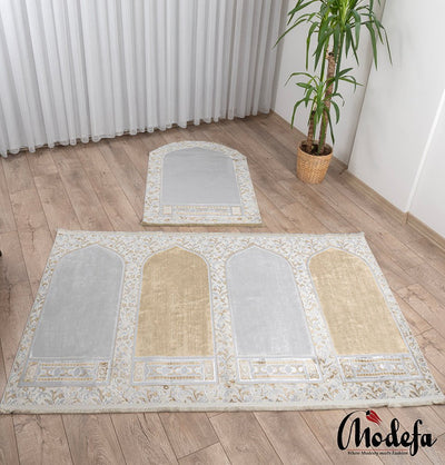 Modefa Prayer Rug Wide 4 Person Velvet Islamic Prayer Rug With Imam Spot - Serenity Garden Golden Beige/Stone Grey