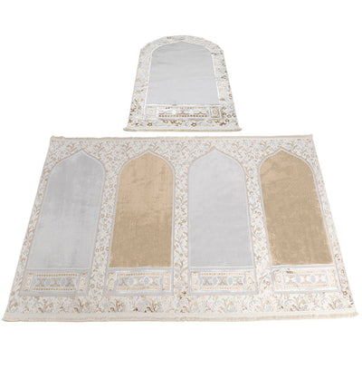 Modefa Prayer Rug Wide 4 Person Velvet Islamic Prayer Rug With Imam Spot - Serenity Garden Golden Beige/Stone Grey