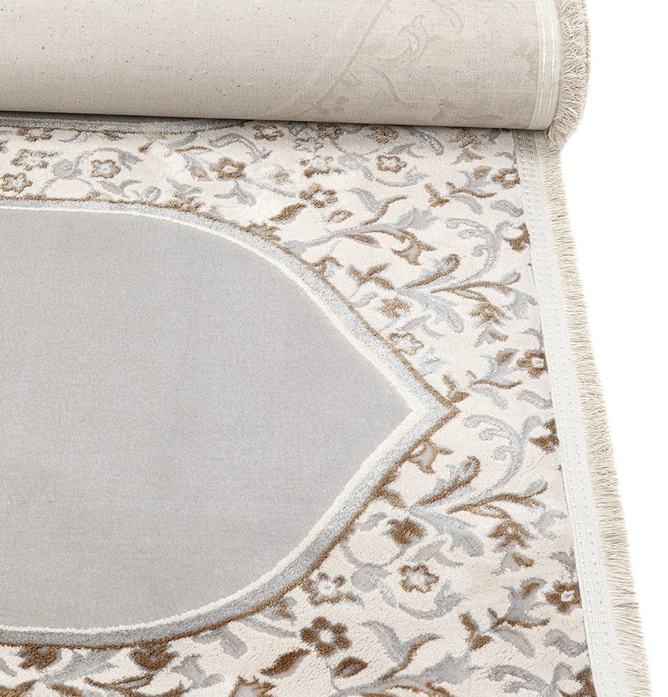Modefa Prayer Rug Wide 4 Person Velvet Islamic Prayer Rug With Imam Spot - Serenity Garden Stone Grey