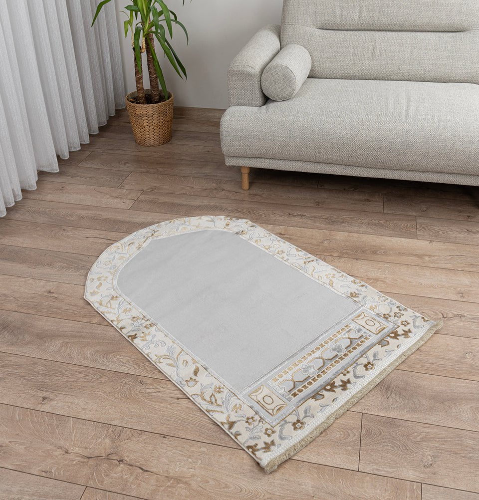 Modefa Prayer Rug Wide 4 Person Velvet Islamic Prayer Rug With Imam Spot - Serenity Garden Stone Grey