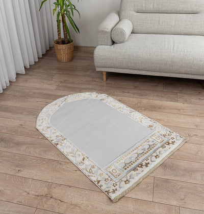 Modefa Prayer Rug Wide 4 Person Velvet Islamic Prayer Rug With Imam Spot - Serenity Garden Stone Grey