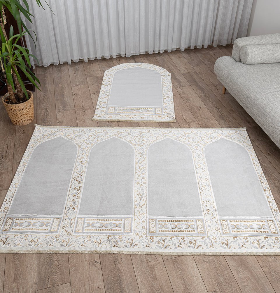 Modefa Prayer Rug Wide 4 Person Velvet Islamic Prayer Rug With Imam Spot - Serenity Garden Stone Grey