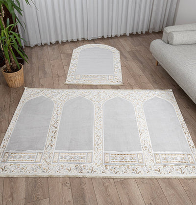 Modefa Prayer Rug Wide 4 Person Velvet Islamic Prayer Rug With Imam Spot - Serenity Garden Stone Grey