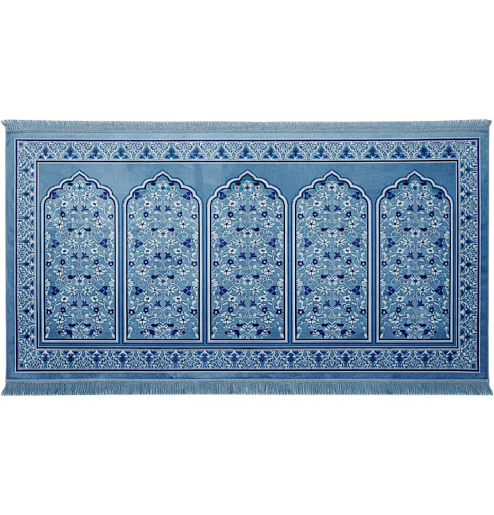 Wide 5 Person Masjid Islamic Prayer Rug - Floral Arch Blue