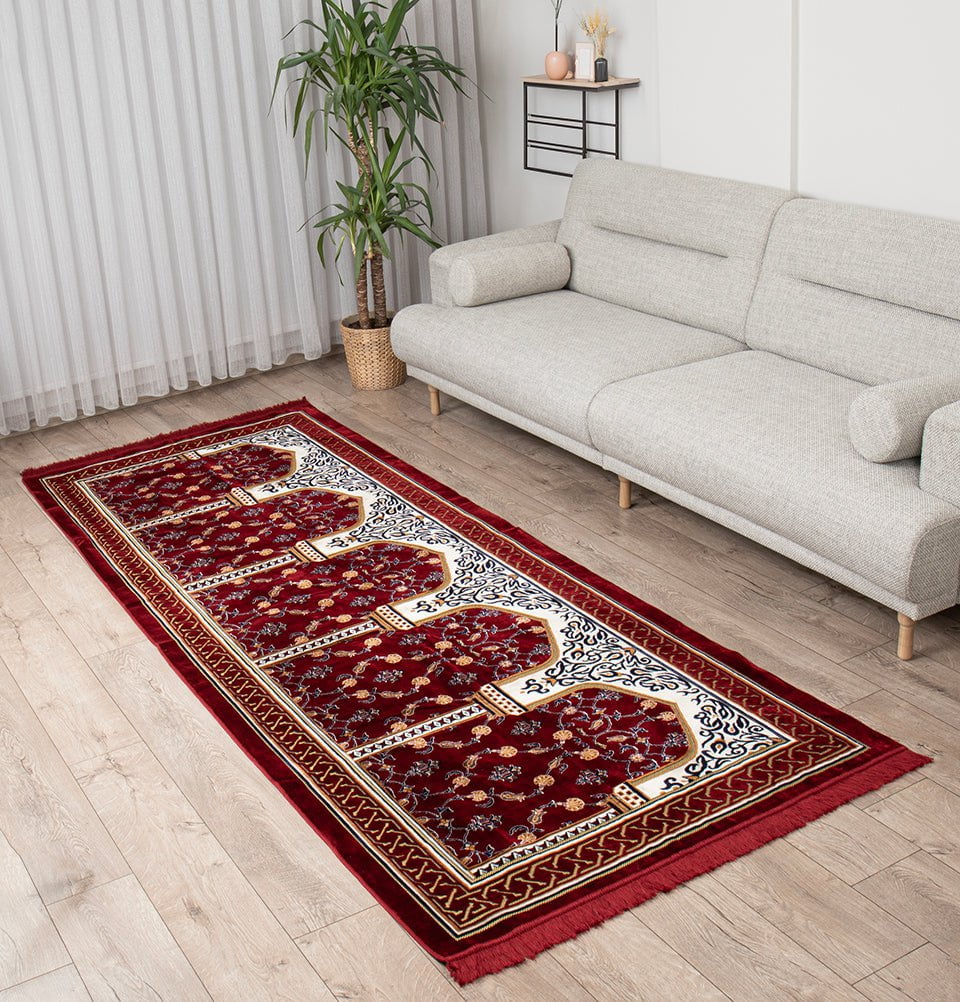 Modefa Prayer Rug Wide 5 Person Masjid Islamic Prayer Rug - Floral Arkan Red