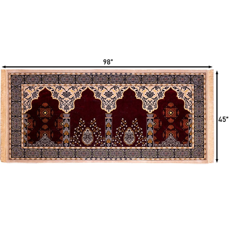 Wide 5 Person Velvet Islamic Prayer Rug With Imam Spot - Red & Beige