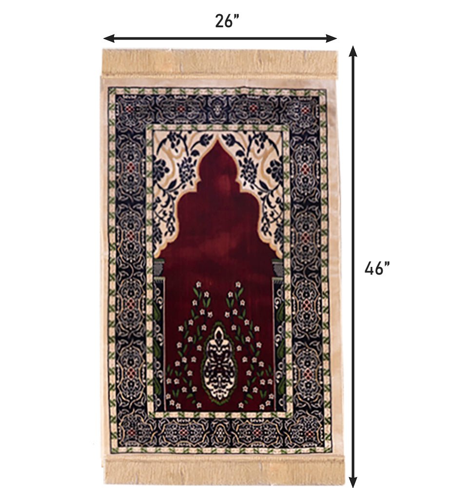 Wide 5 Person Velvet Islamic Prayer Rug With Imam Spot - Red & Beige
