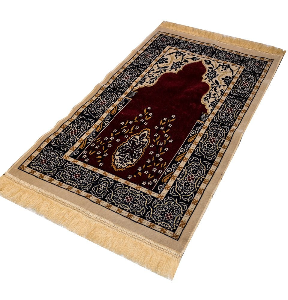 Wide 5 Person Velvet Islamic Prayer Rug With Imam Spot - Red & Beige