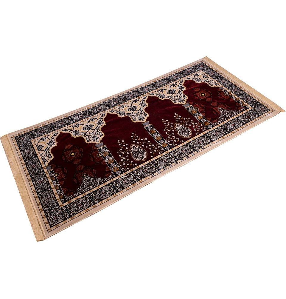 Wide 5 Person Velvet Islamic Prayer Rug With Imam Spot - Red & Beige