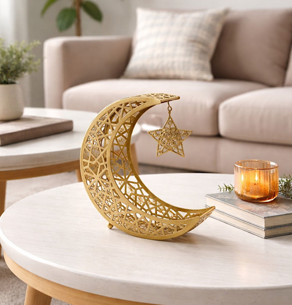 Decorative Ramadan Upright Serving Tray | Crescent Moon & Star - Gold