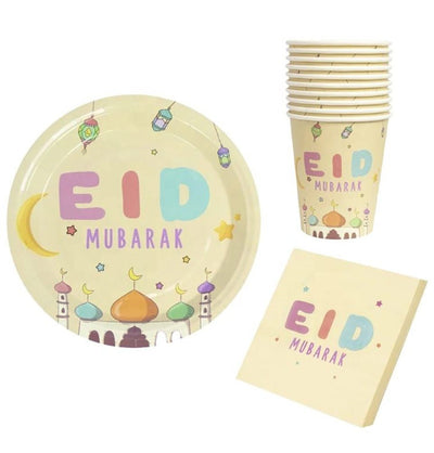 Modefa Ramadan & Eid Party Fun Kids Themed Eid Mubarak Disposable Plates, Cups, Napkins Set of 10 - Beige
